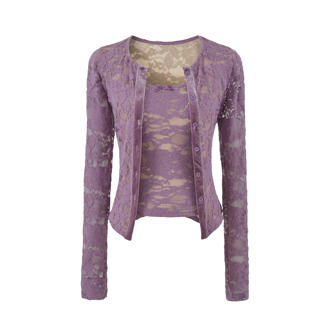 Damen Feiner Spitzen-Cardigan mit passendem Untertop und Samtbesatz Nord Taschen