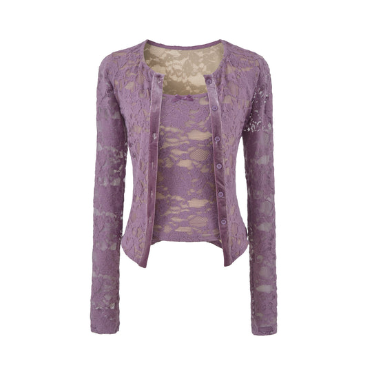 Damen Feiner Spitzen-Cardigan mit passendem Untertop und Samtbesatz Nord Taschen