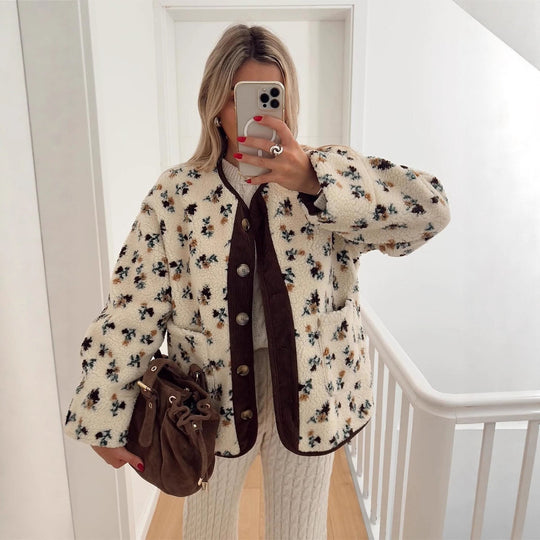 Damen Teddy-Fleecejacke mit Blumendruck, Cordleiste, Pattentaschen und übergroßem Spitzenkragen Nord Taschen