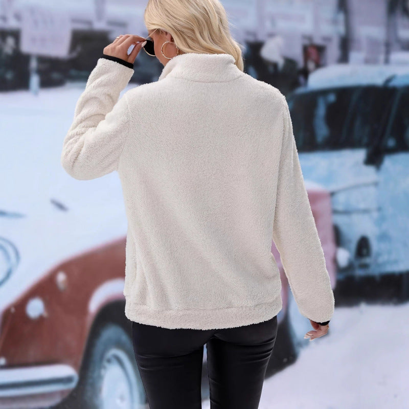 Damen flauschiger Fleece-Kuschelpullover mit halbem Reißverschluss, Kängurutasche und Stehkragen Nord Taschen