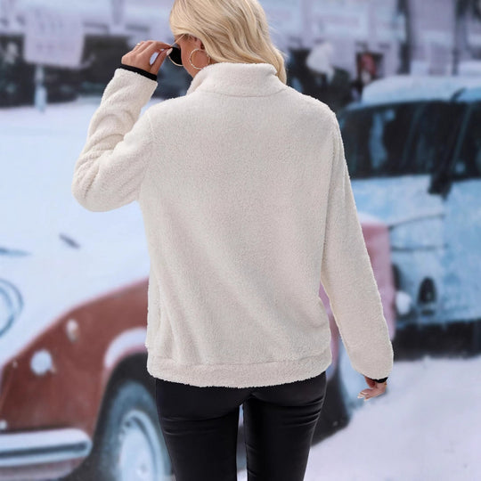 Damen flauschiger Fleece-Kuschelpullover mit halbem Reißverschluss, Kängurutasche und Stehkragen Nord Taschen