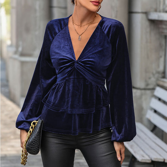 Damen Samtbluse mit tiefem V-Ausschnitt, Twist-Detail und zweistufigem Volant Nord Taschen