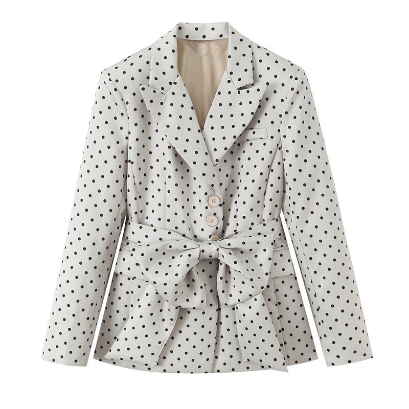 Damen Taillierter gepunkteter Blazer mit Bindegürtel und Reverskragen Nord Taschen