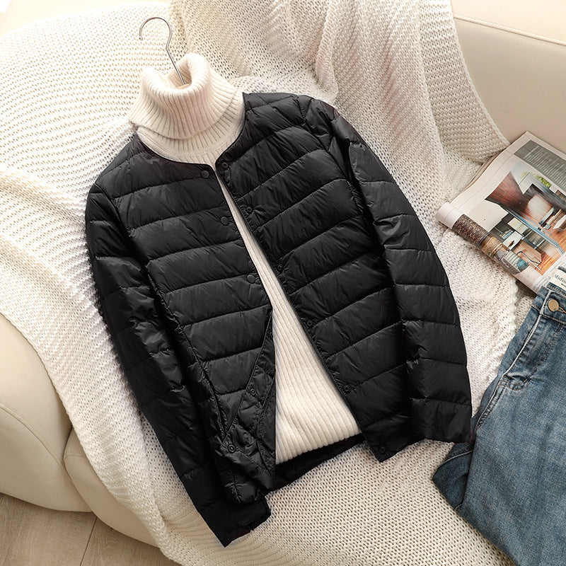 Damen Ultraleichte Steppjacke ohne Kragen, Packbare Thermojacke für Reisen und Alltag Nord Taschen