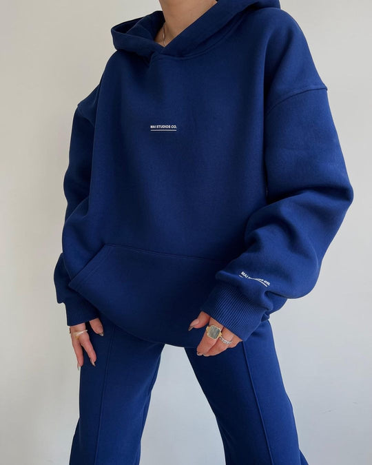 Damen Set Schwere French‑Terry Oversize‑Kapuzenpullover mit Kängurutasche und Slim‑Jogginghose Nord Taschen