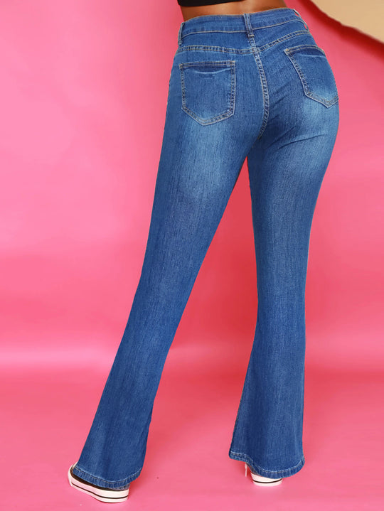 Damen Hochtaillierte Flared-Jeans mit sichtbarer Knopfleiste und sculptendem Superstretch-Comfort Nord Taschen