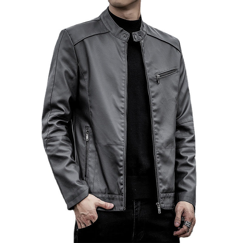 Herren Slim-Fit Kunstleder-Motojacke mit Stehkragen und Reißverschlussdetails Nord Taschen