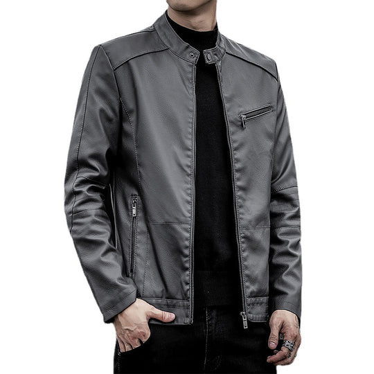 Herren Slim-Fit Kunstleder-Motojacke mit Stehkragen und Reißverschlussdetails Nord Taschen