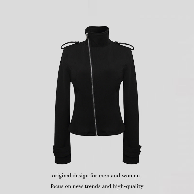 Damen Figurnahe Zip-Jacke mit Stehkragen, asymmetrischem Reißverschluss und Schulterklappen Nord Taschen