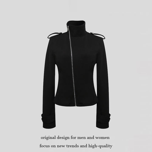 Damen Figurnahe Zip-Jacke mit Stehkragen, asymmetrischem Reißverschluss und Schulterklappen Nord Taschen