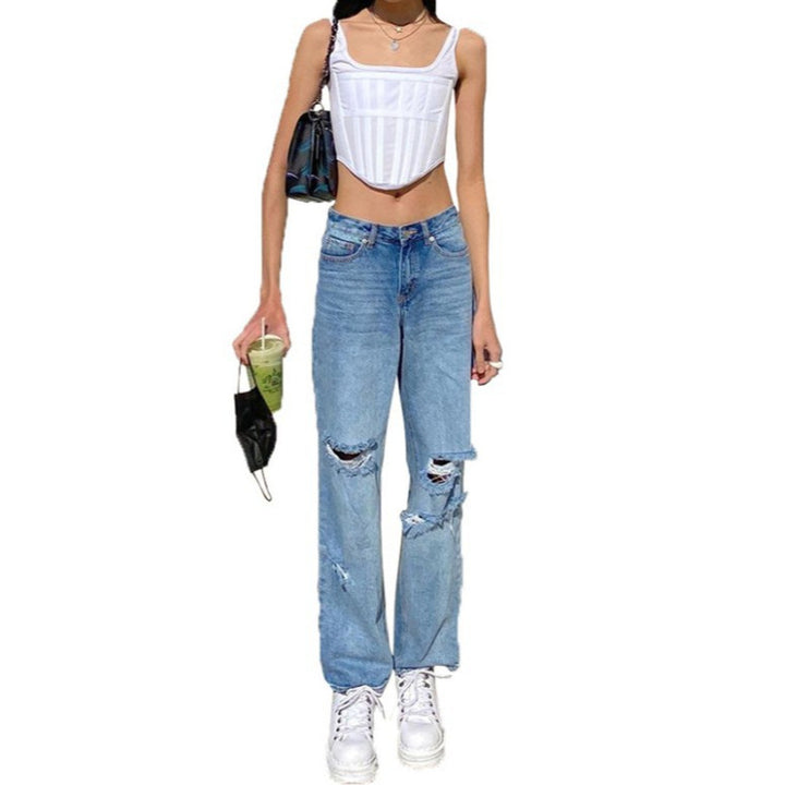 Damen hochgeschnittene weite Jeanshose im Baggy-Stil mit Knieausfransungen und elastischem Saum Nord Taschen