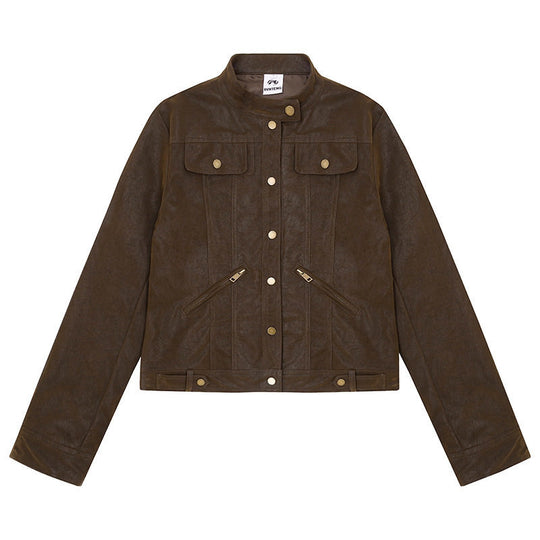 Damen Kurz geschnittene Kunstlederjacke im Vintage-Moto-Stil Nord Taschen
