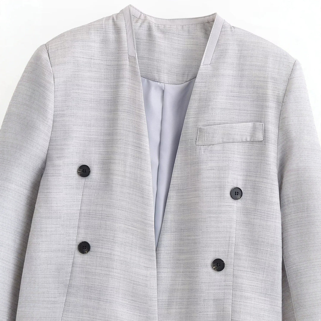 Damen Kurzgeschnittener kragenloser Blazer mit doppelreihiger Knopfleiste und Strukturgewebe Nord Taschen