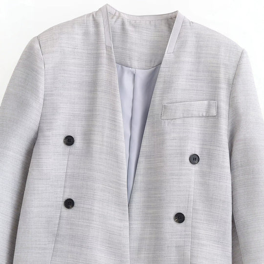 Damen Kurzgeschnittener kragenloser Blazer mit doppelreihiger Knopfleiste und Strukturgewebe Nord Taschen