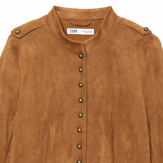 Damen Kurzjacke aus Veloursoptik im Military‑Stil mit Stehkragen und asymmetrischem Saum Nord Taschen