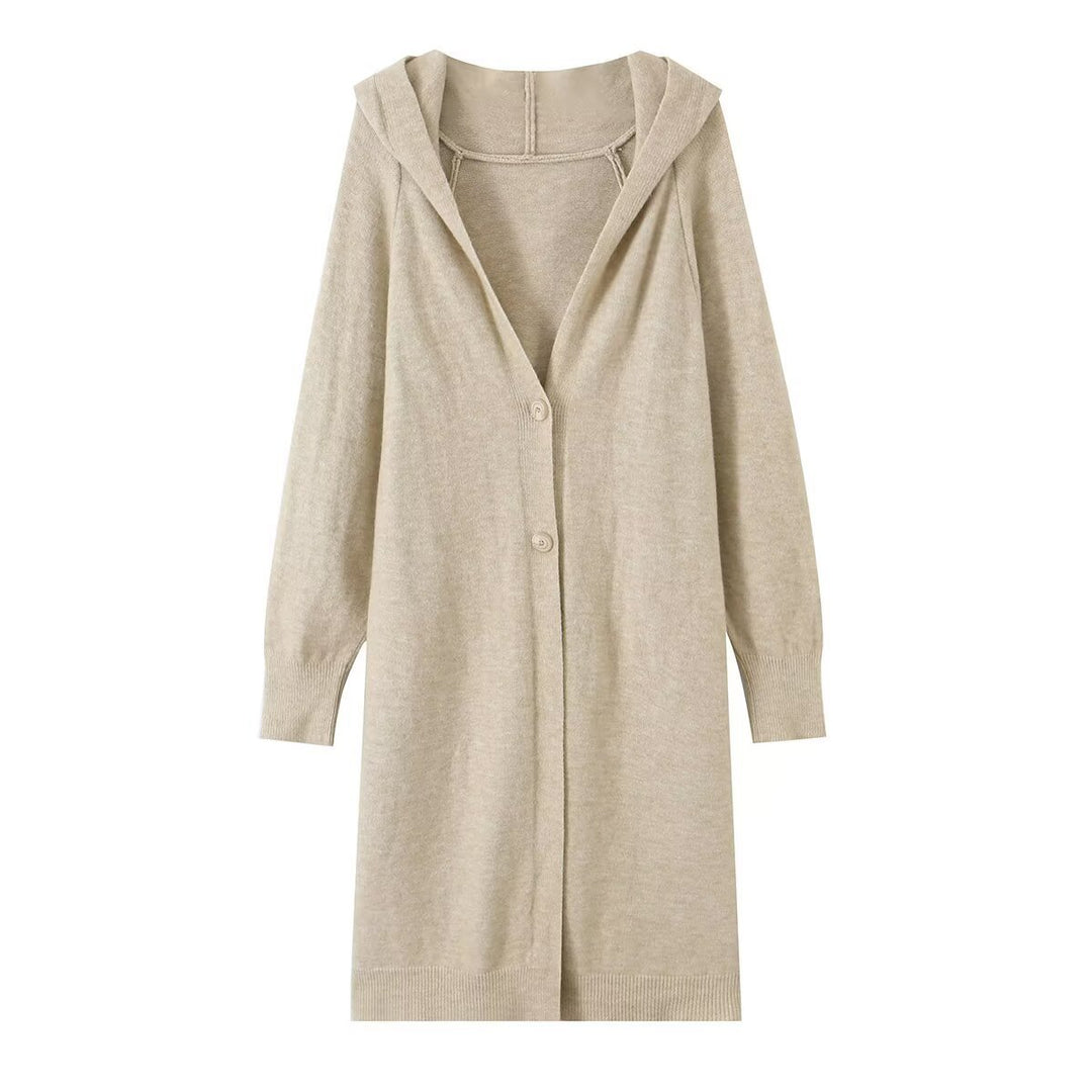 Damen Lange Kapuzen-Strickjacke mit durchgehender Knopfleiste und gerippten Bündchen Nord Taschen