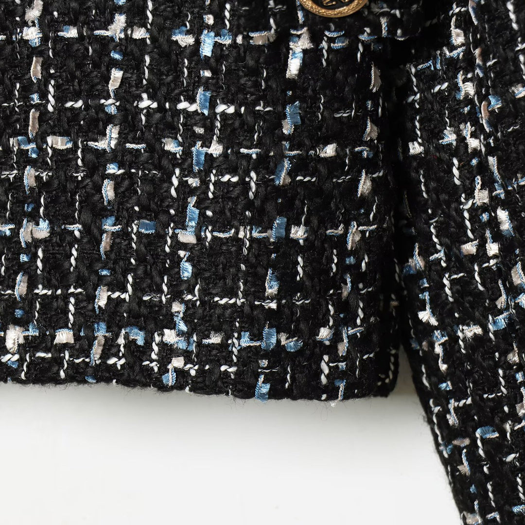 Damen Bouclé‑Tweed‑Cropped‑Jacke mit Stehkragen und goldfarbenen Schmuckknöpfen Nord Taschen