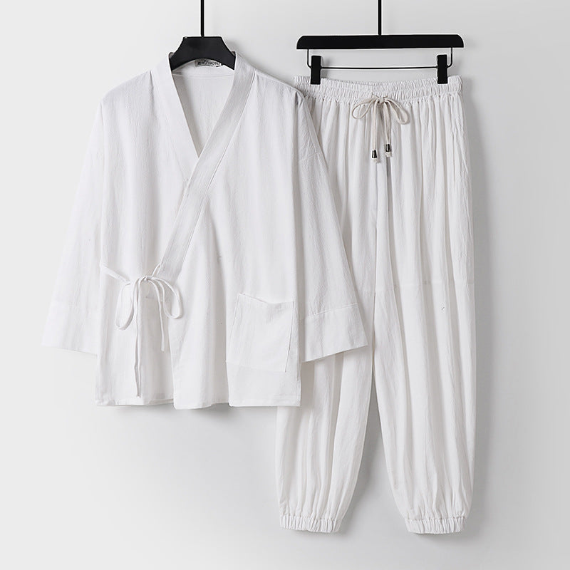 Unisex Entspanntes Kimono-Set mit Wickeljacke, dreiviertelärmeln und elastischer Kordelharemshose Nord Taschen