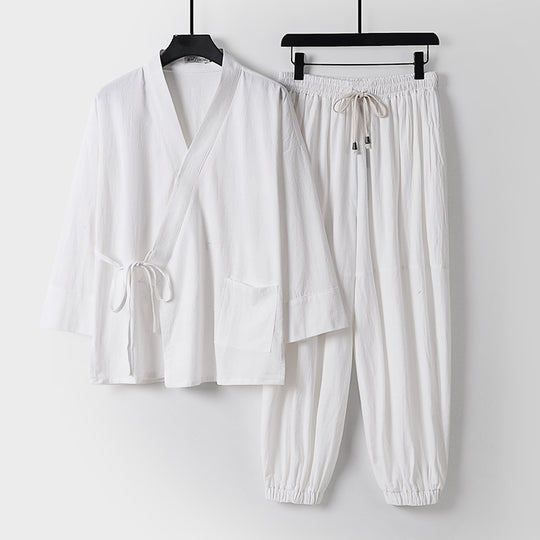 Unisex Entspanntes Kimono-Set mit Wickeljacke, dreiviertelärmeln und elastischer Kordelharemshose Nord Taschen