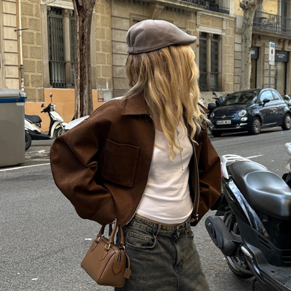 Damen Kurze Veloursleder‑Optik Jacke mit Reißverschluss und Oversize‑Ärmeln Nord Taschen