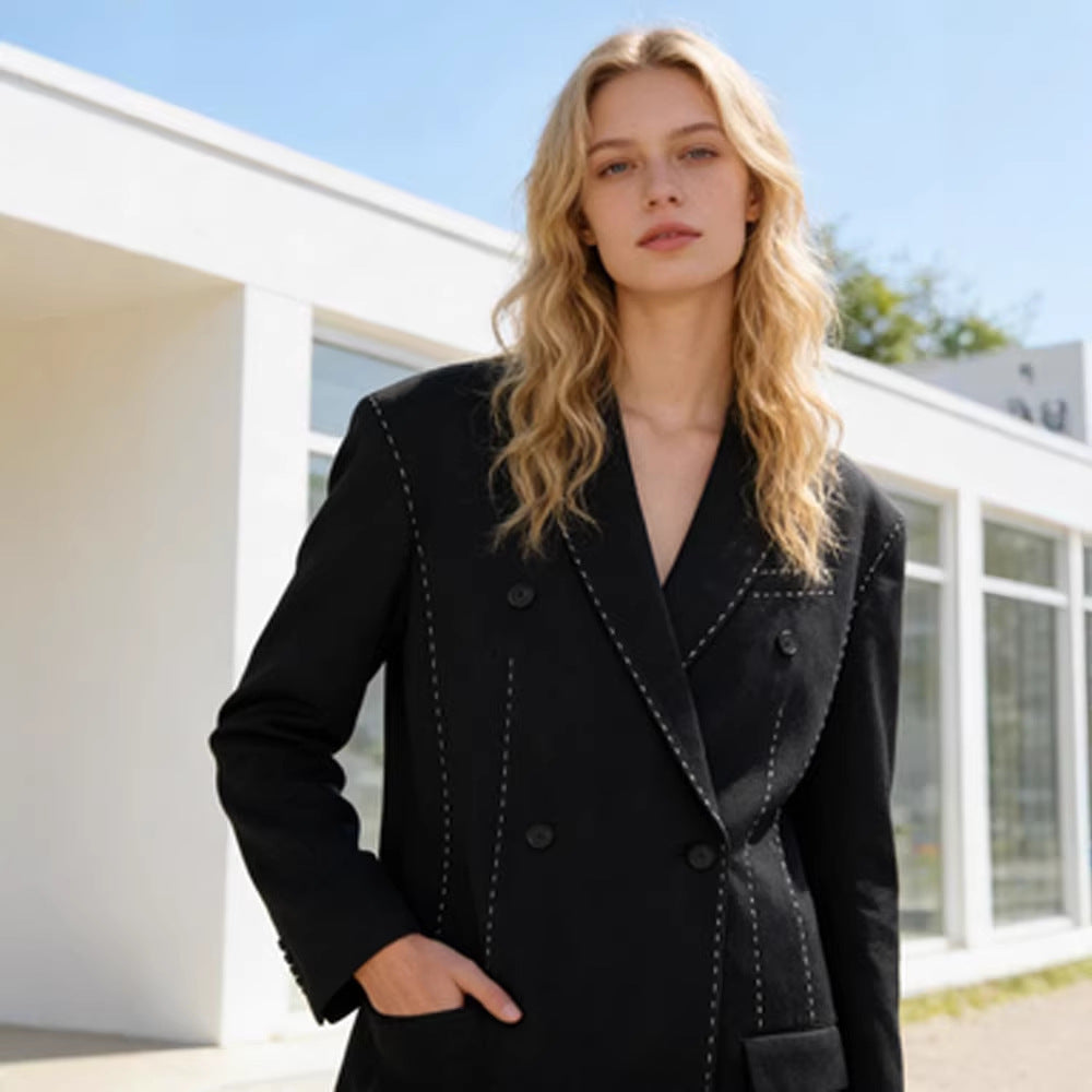 Damen Doppelreihiger Oversize-Mantelblazer mit markanter Schulterpartie & Ziersteppungen Nord Taschen