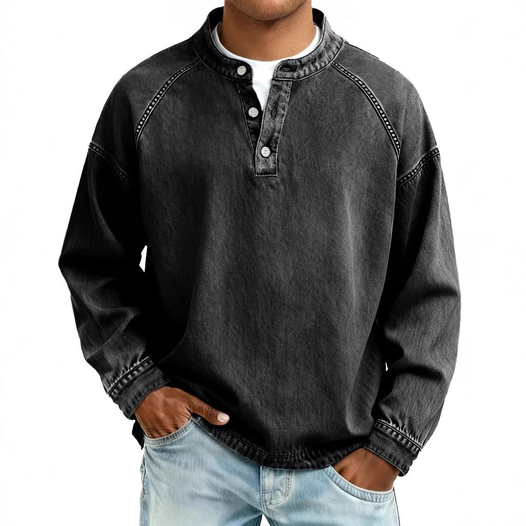 Herren Langarm-Henley Sweatshirt mit Stehkragen und Vintage-Denim-Effekt Nord Taschen