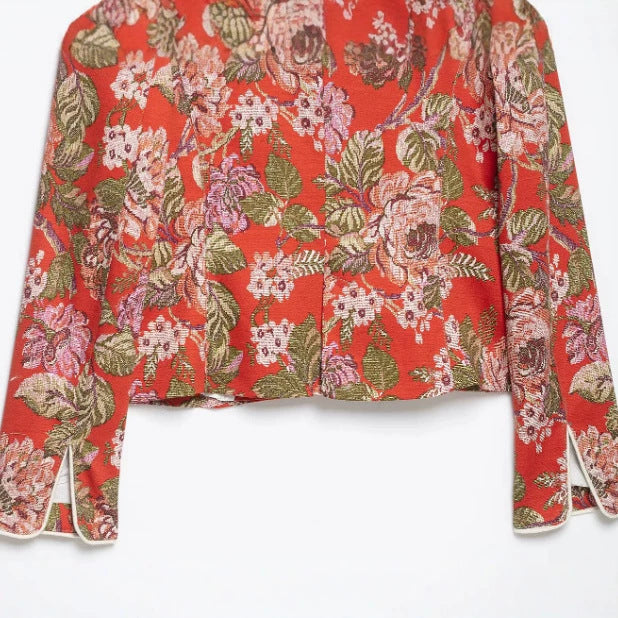 Damen Cropped Jacquard‑Blouson mit Mandarinkragen und floraler Brokatstruktur Nord Taschen