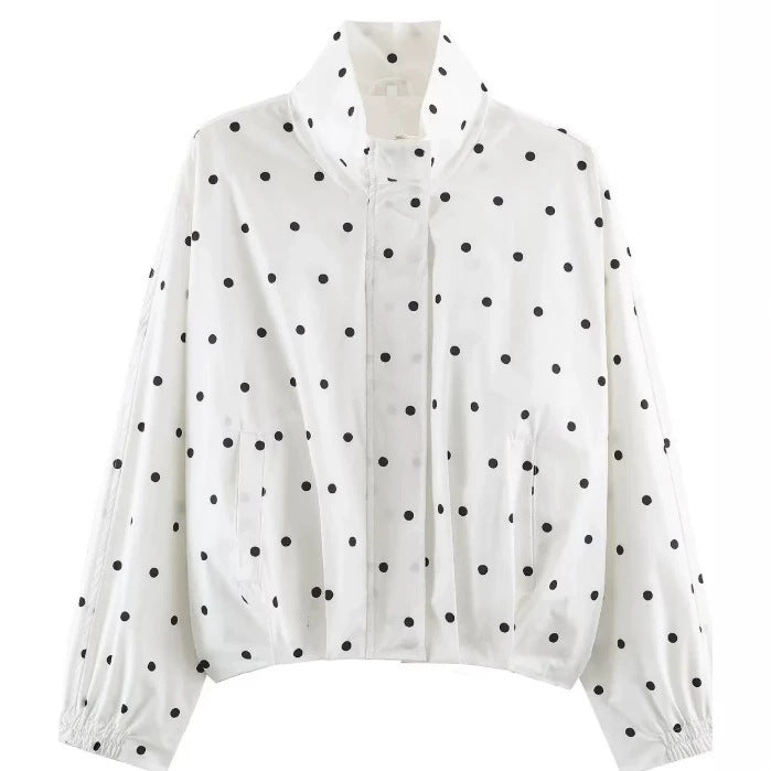 Damen Gepunktete Cropped Blousonjacke mit Stehkragen, elastischem Saum und verdeckter Knopfleiste Nord Taschen