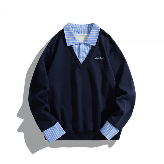 Unisex Lagenlook Sweatshirt mit V-Ausschnitt, integriertem Hemdkragen und gestreiften Manschetten Nord Taschen