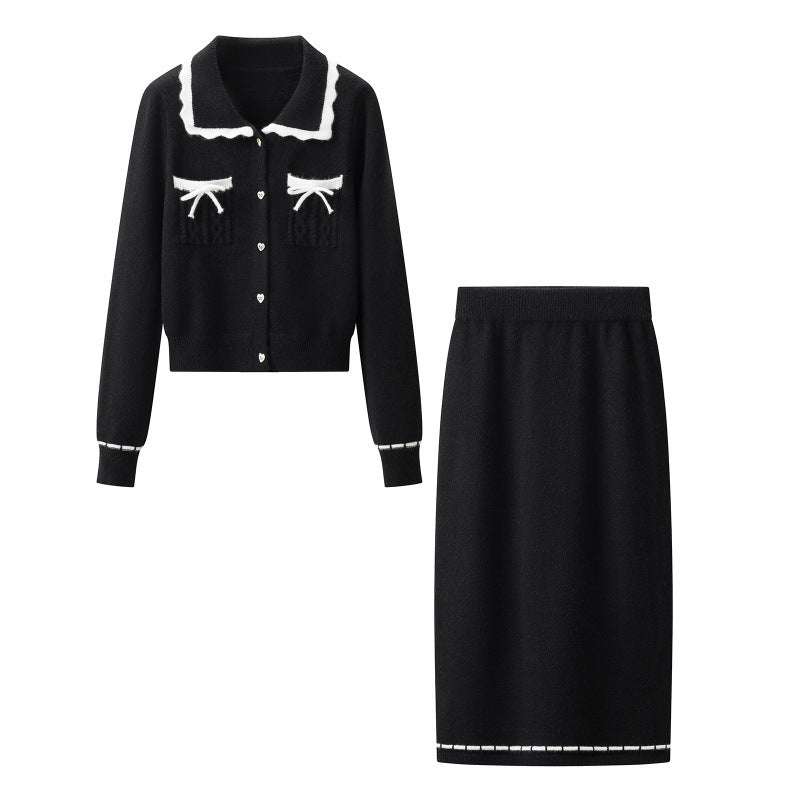 Damen Zweiteiliges Feinstrick‑Set mit kurzgeschnittenem Rüschen‑Cardigan und High‑Waist Bleistiftrock Nord Taschen