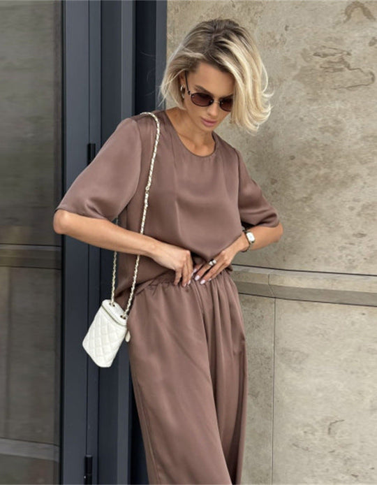 Damen elegantes und fließendes Zweiteiler-Set mit lockerem Oberteil und weiten Hosen Nord Taschen