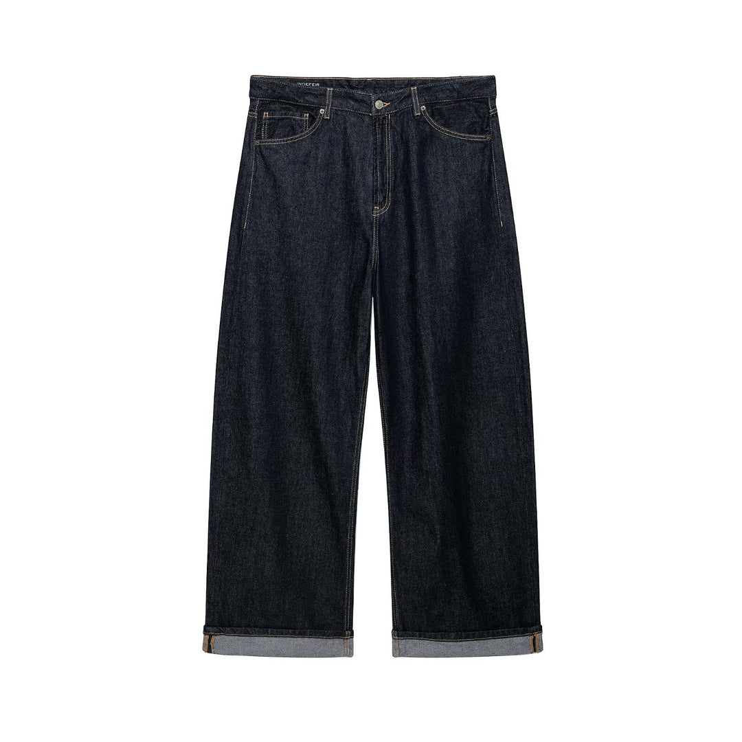 Damen Weitgeschnittene High-Waist-Jeans aus Raw-Denim mit Umschlagsaum Nord Taschen