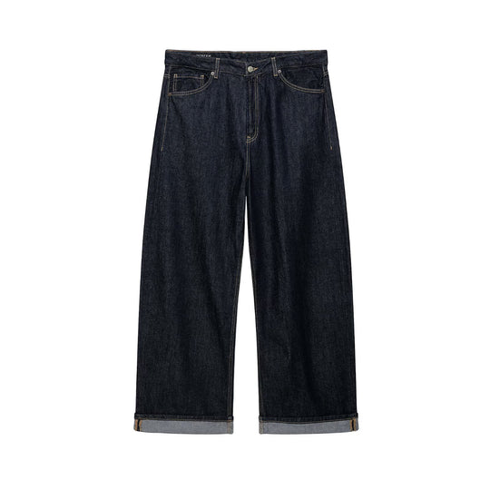 Damen Weitgeschnittene High-Waist-Jeans aus Raw-Denim mit Umschlagsaum Nord Taschen