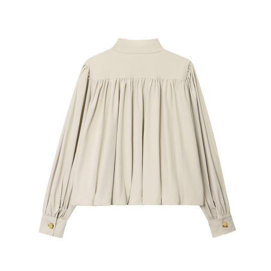 Damen Voluminöse Cropped-Bluse mit Stehkragen, Raffungen und elastischem Saum Nord Taschen