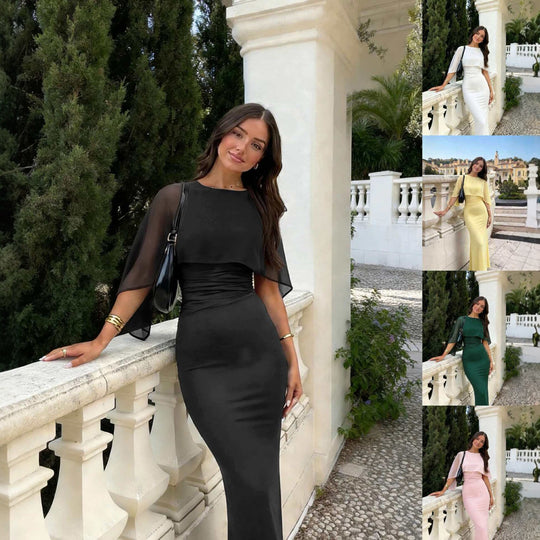 Damen Figurbetontes Midikleid mit Chiffon-Cape Nord Taschen