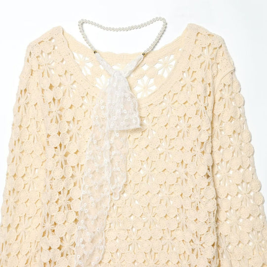 Damen gehäkelter Floralpullover mit Rundhalsausschnitt und Ajourmuster Nord Taschen