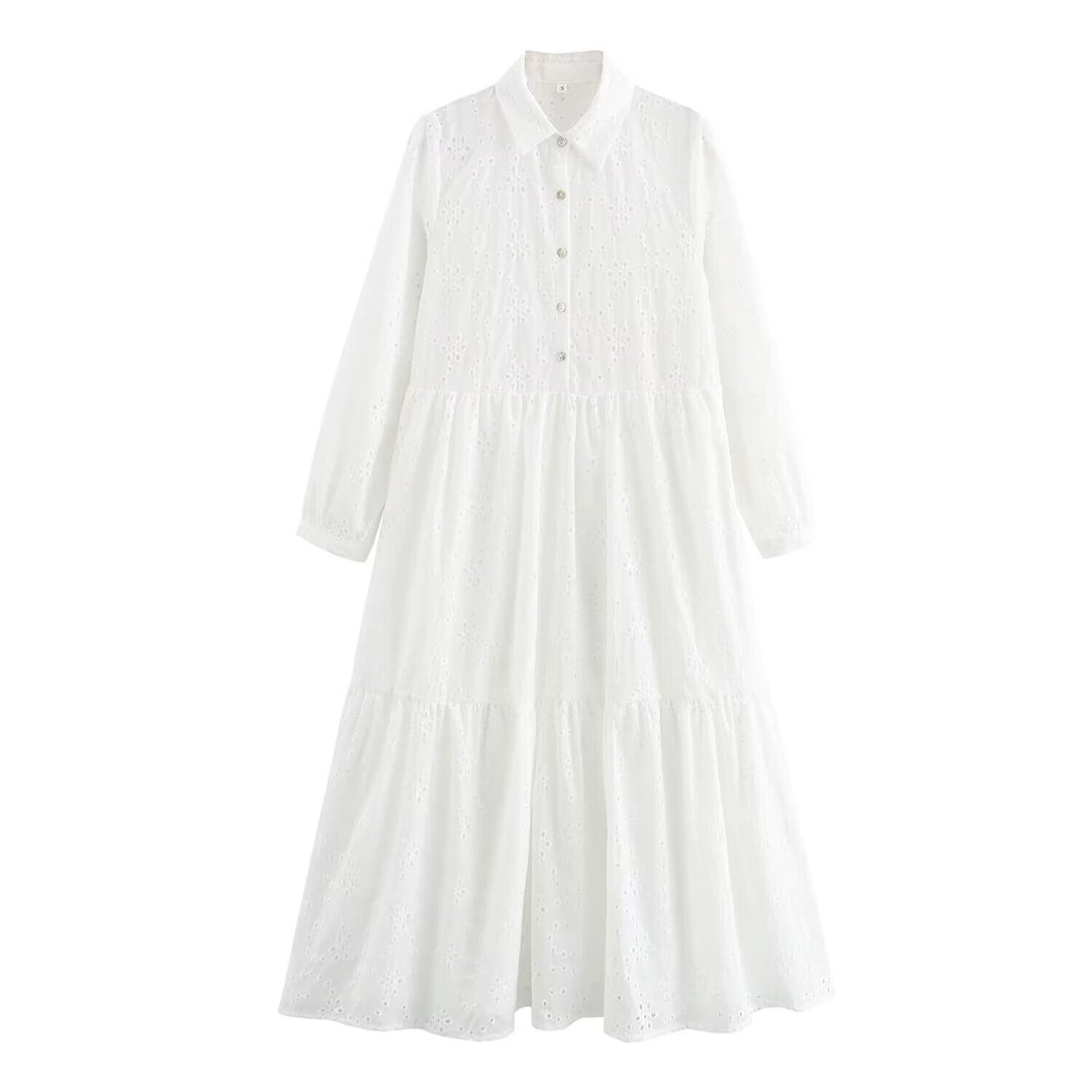 Damen Broderie-Anglaise Hemdblusenkleid mit Stufenrock Nord Taschen