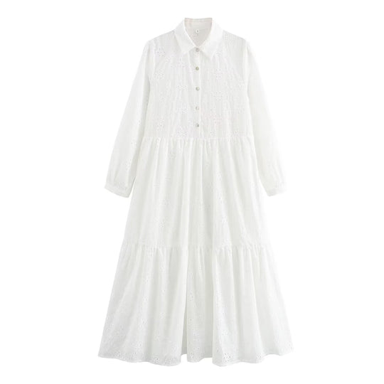Damen Broderie-Anglaise Hemdblusenkleid mit Stufenrock Nord Taschen