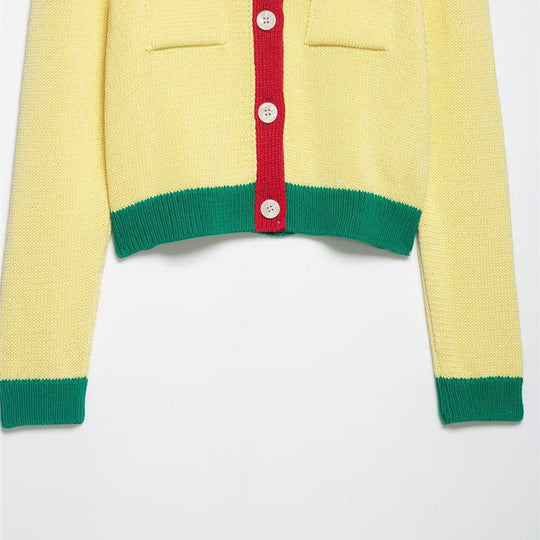 Damen Kurzer Grobstrick-Cardigan mit Kontrastblenden und Zierklappentaschen Nord Taschen