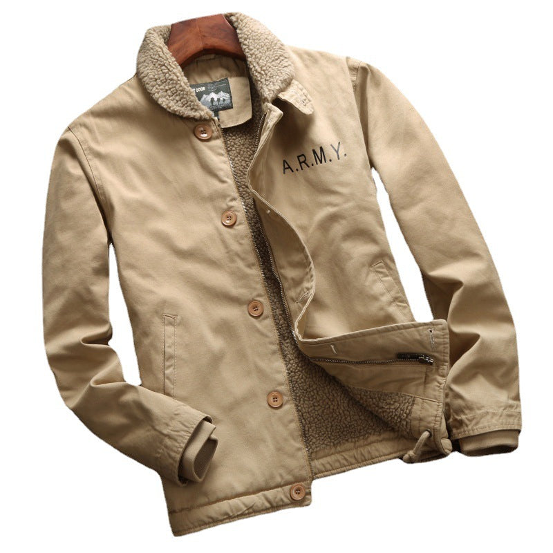 Herren Vintage-inspirierter Canvas-Fliegerblouson mit voluminösem Sherpa-Futter, zweifacher Frontöffnung und verstärkten Taschen Nord Taschen