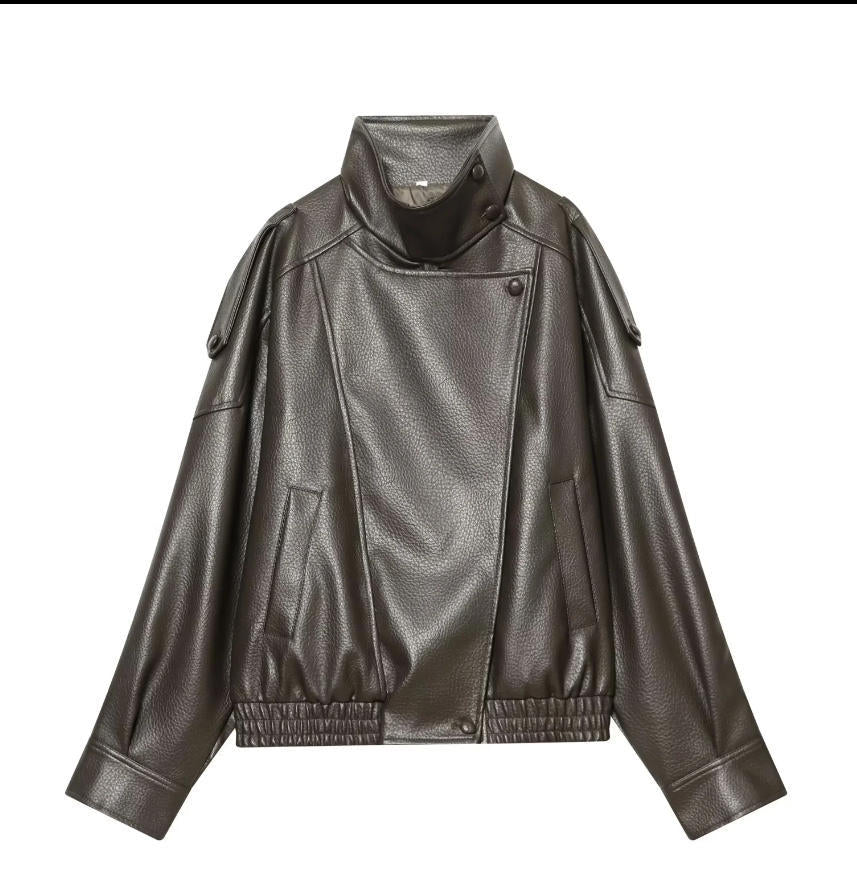 Damen Cropped Kunstleder‑Bomber mit asymmetrischer Druckknopfblende und Funnelkragen Nord Taschen