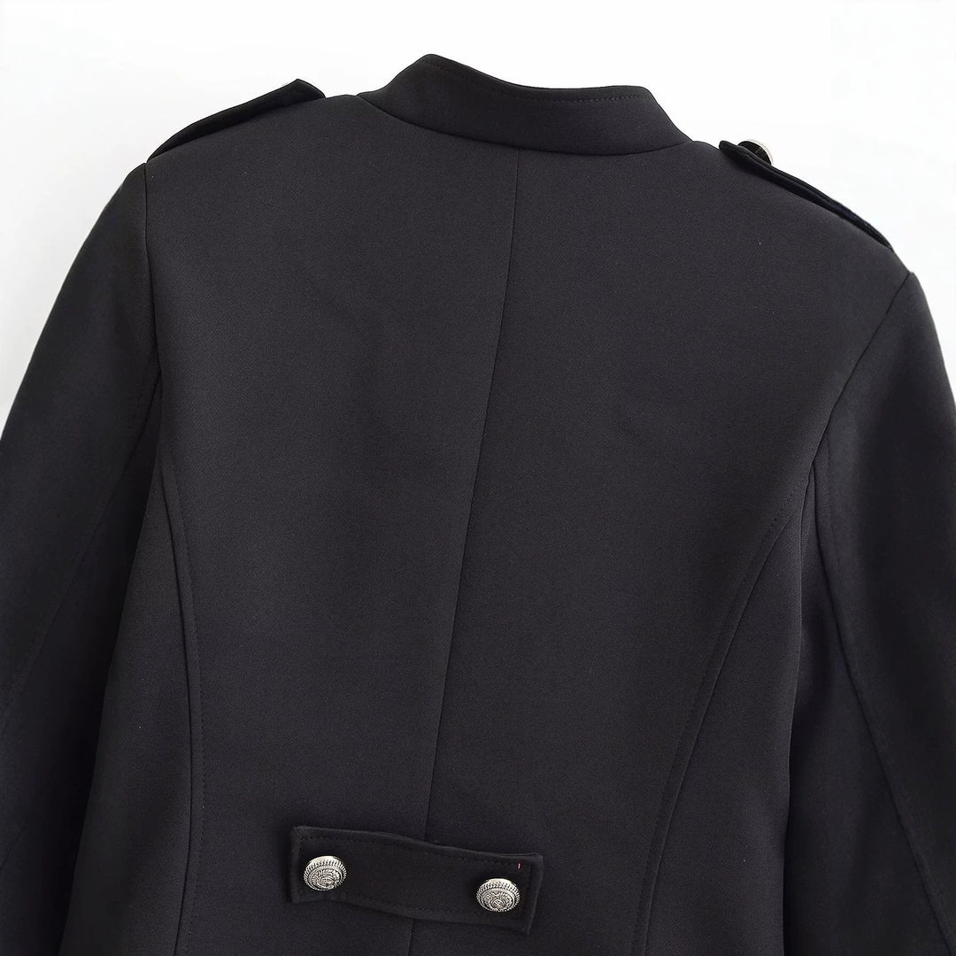 Damen Kurzblazer im militärischen Doppierreihen‑Stil mit Stehkragen und Zierknöpfen Nord Taschen