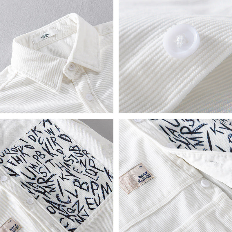 Herren Leichtes Cord-Hemdjacken-Overshirt mit Letterprint-Brusttasche und Relaxed Fit Nord Taschen