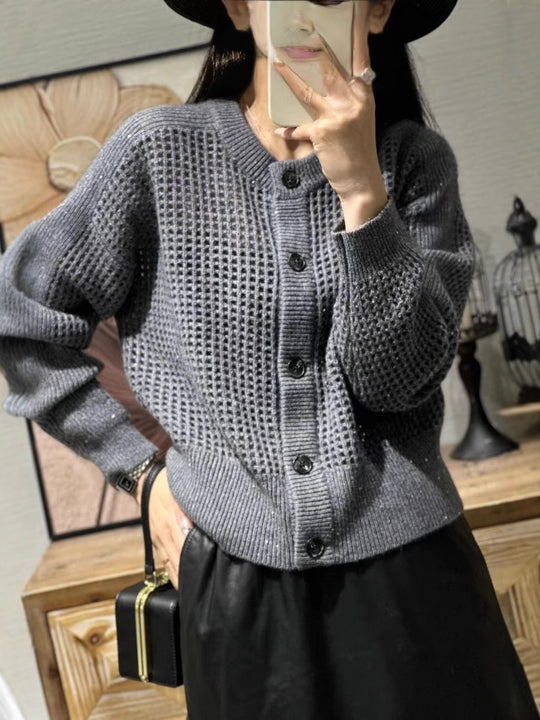 Damen Lockerer Mesh‑Cardigan mit Gitter‑Ajour, Rundhalsausschnitt und Knopfleiste Nord Taschen