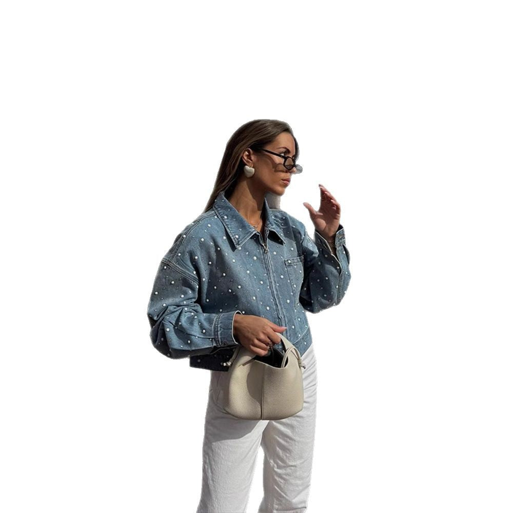 Damen Gekürzte Denim-Jacke mit Perlenbesatz und Oversize-Ärmeln Nord Taschen