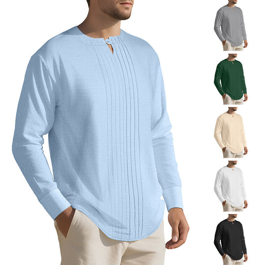 Herren Leichtes Langarmshirt im Leinenlook mit Stehkragen, Kellerfalten und Schlaufenverschluss Nord Taschen
