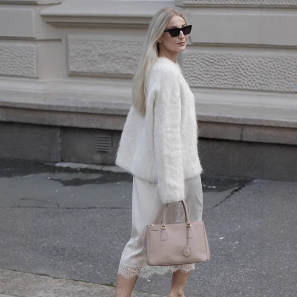 Damen Kuscheliger Mohair‑Optik Pullover mit Rundhalsausschnitt und legerer Silhouette Nord Taschen
