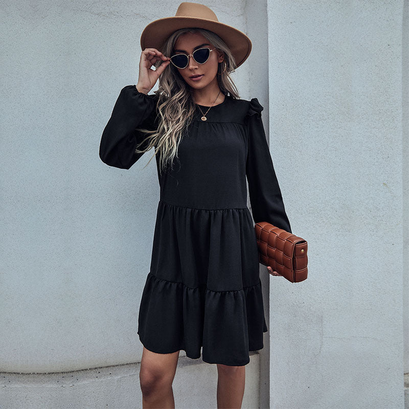 Damen Stufiges Minikleid mit Rüschen-Schultern und Langarm Nord Taschen