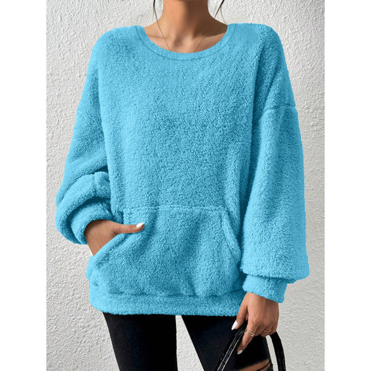 Damen Kuscheliger Oversize-Sherpa-Pullover mit Kängurutasche und Ballonärmeln Nord Taschen