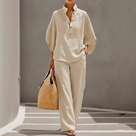 Damen Leichtes Leinen-Loungewear-Set mit Stehkragen Knopfleiste und weitem Marlene-Schnitt Nord Taschen